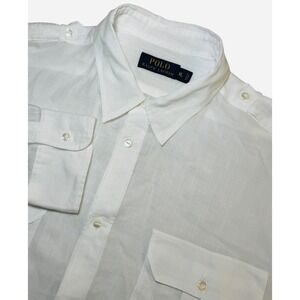 Polo Ralph Lauren Mens XL Shirt White Cotton Ramie Button Up Long Sleeve Epaulet